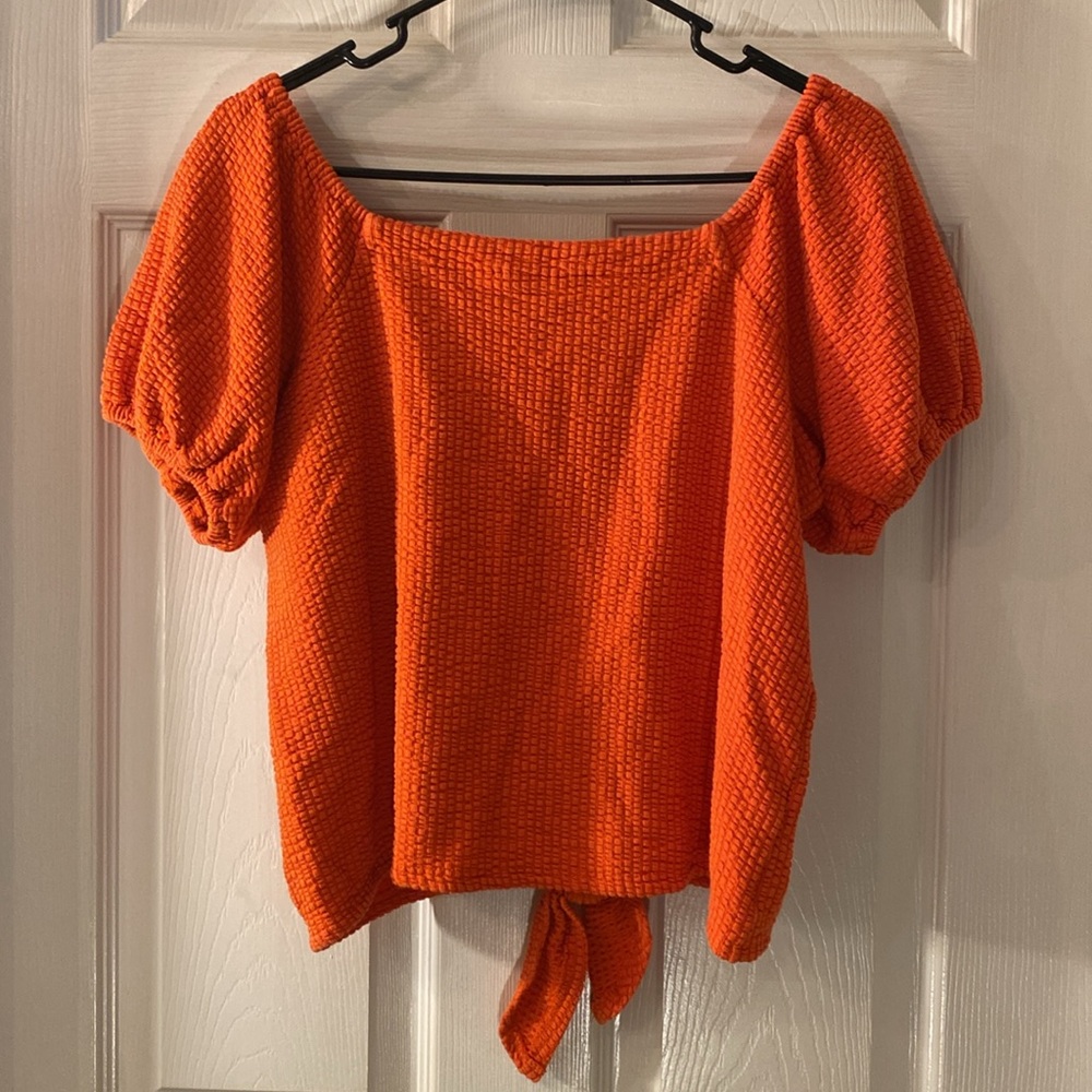 LOFT Orange Puff Sleeve Smocked Blouse - Picture 9 of 11